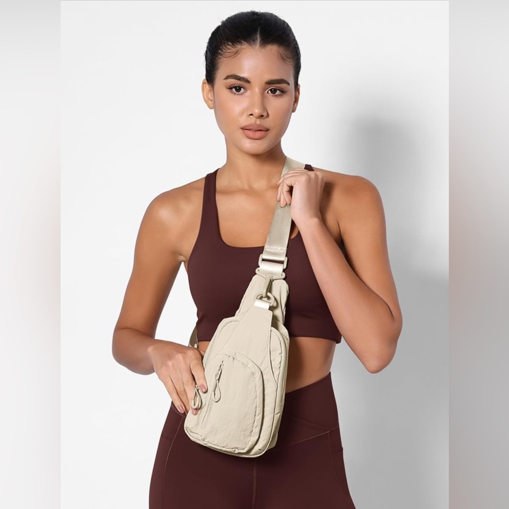 Beige Nylon Sling Crossbody Belt Bag Fanny Pack Multi Pocket